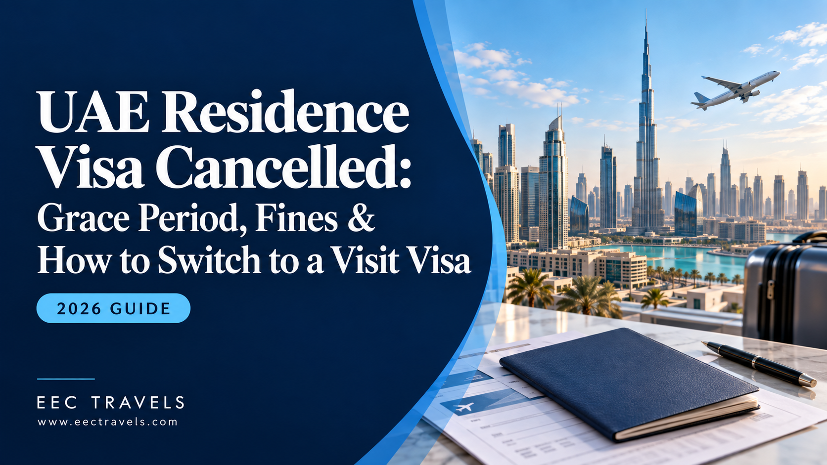 Passport, cancelled UAE residence visa and bus ticket on a desk with the Dubai skyline behind