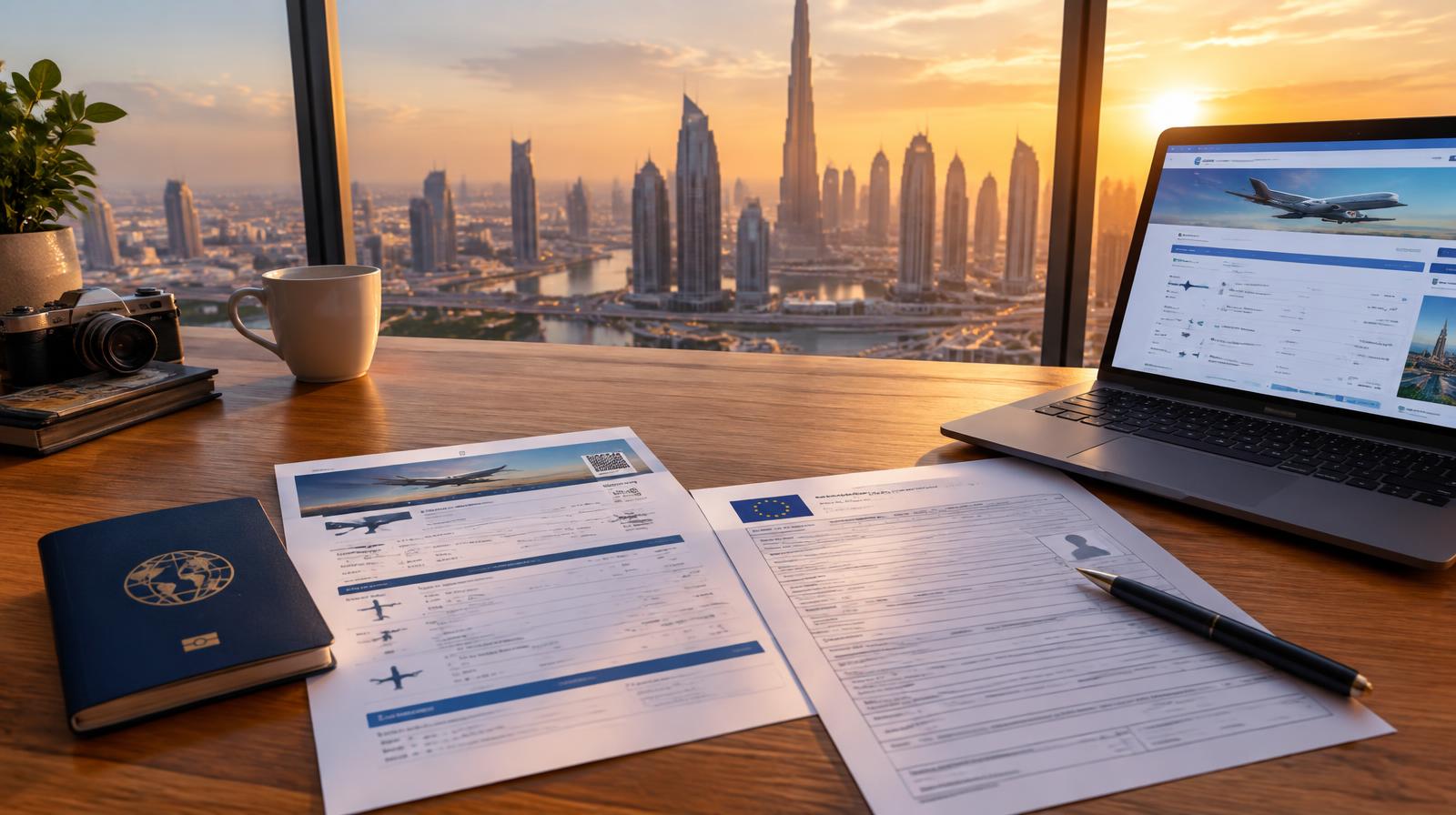 Passport, flight itinerary and visa application form on a desk overlooking the Dubai skyline