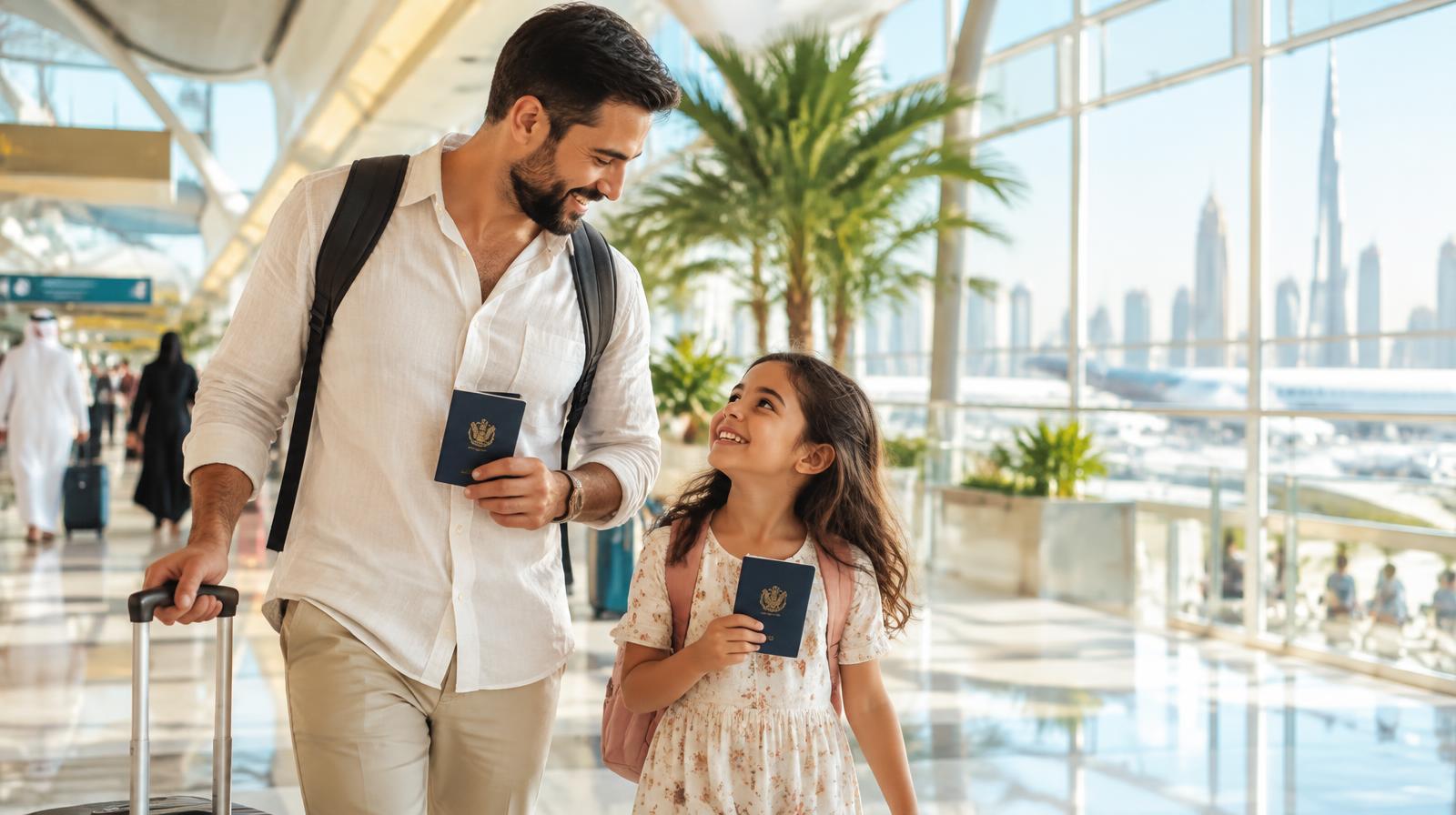 Father and daughter holding passports in a UAE airport terminal