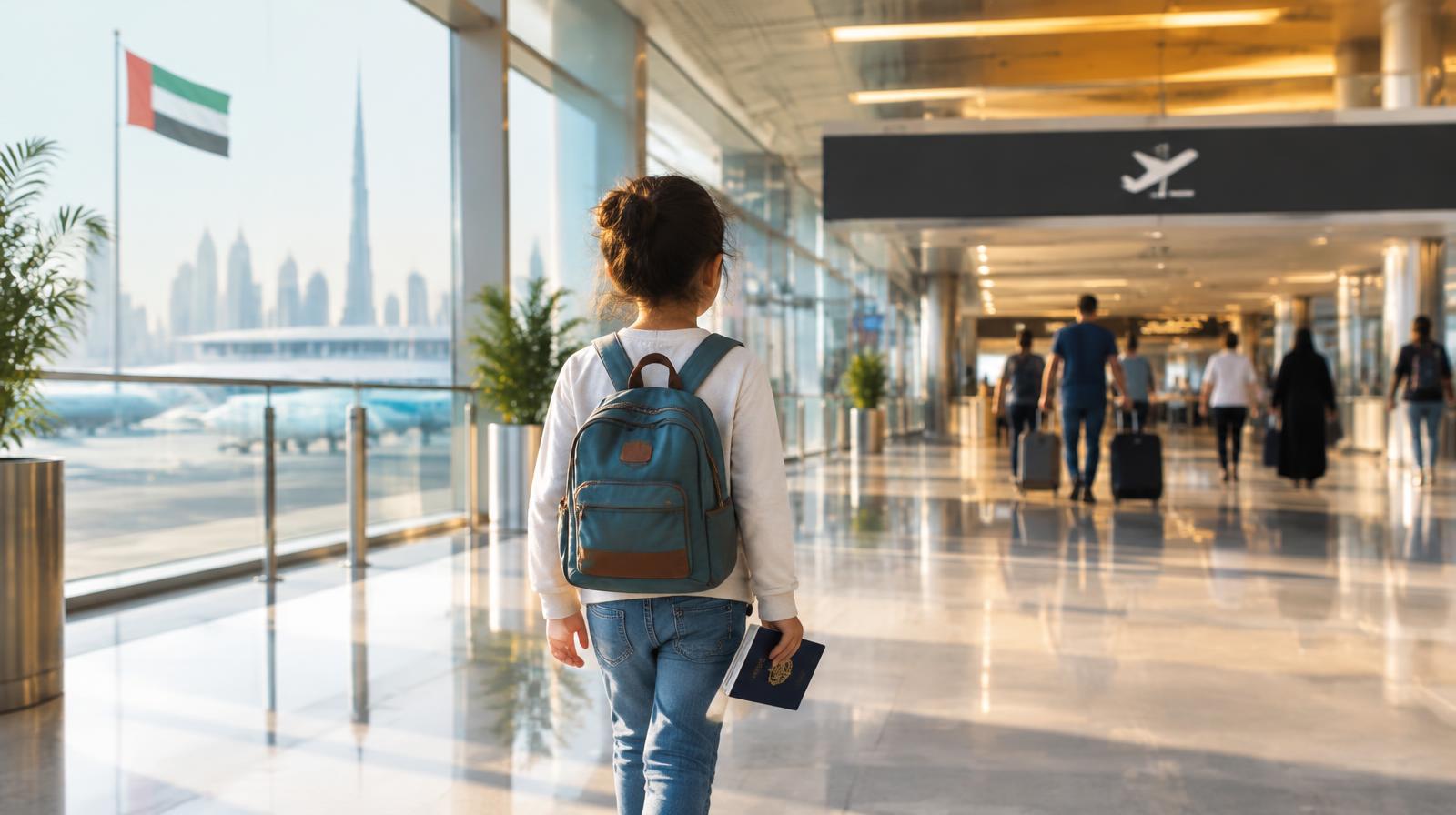 Child with backpack and passport walking through a UAE airport terminal