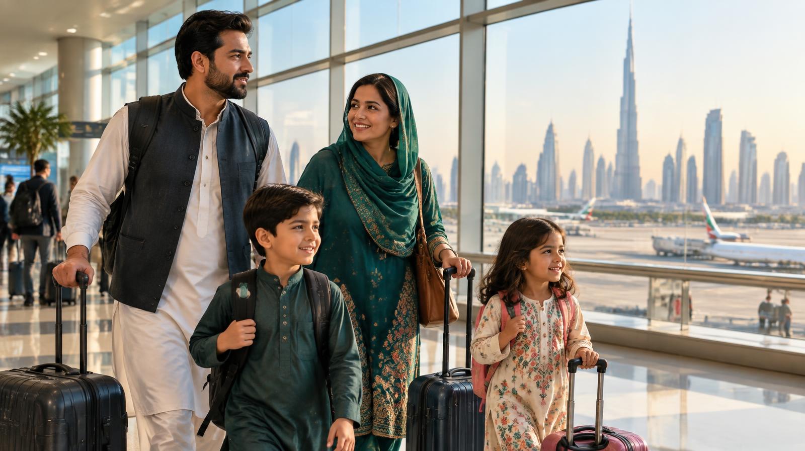 Pakistani family with luggage at Dubai airport with the Dubai skyline behind them
