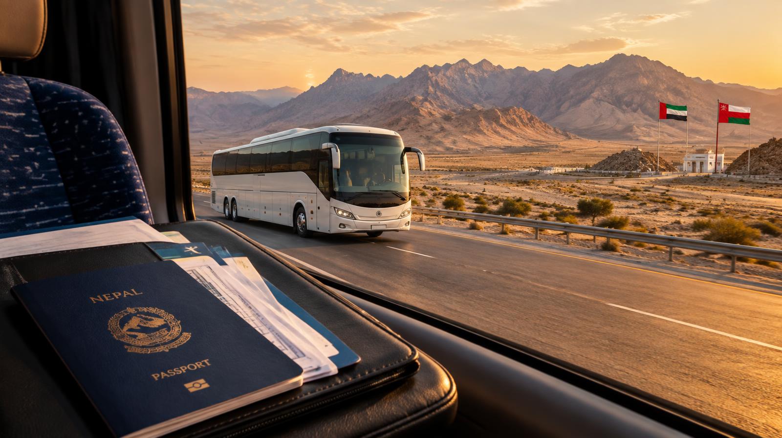 White coach bus on a desert highway near the UAE–Oman border with a Nepal passport in the foreground