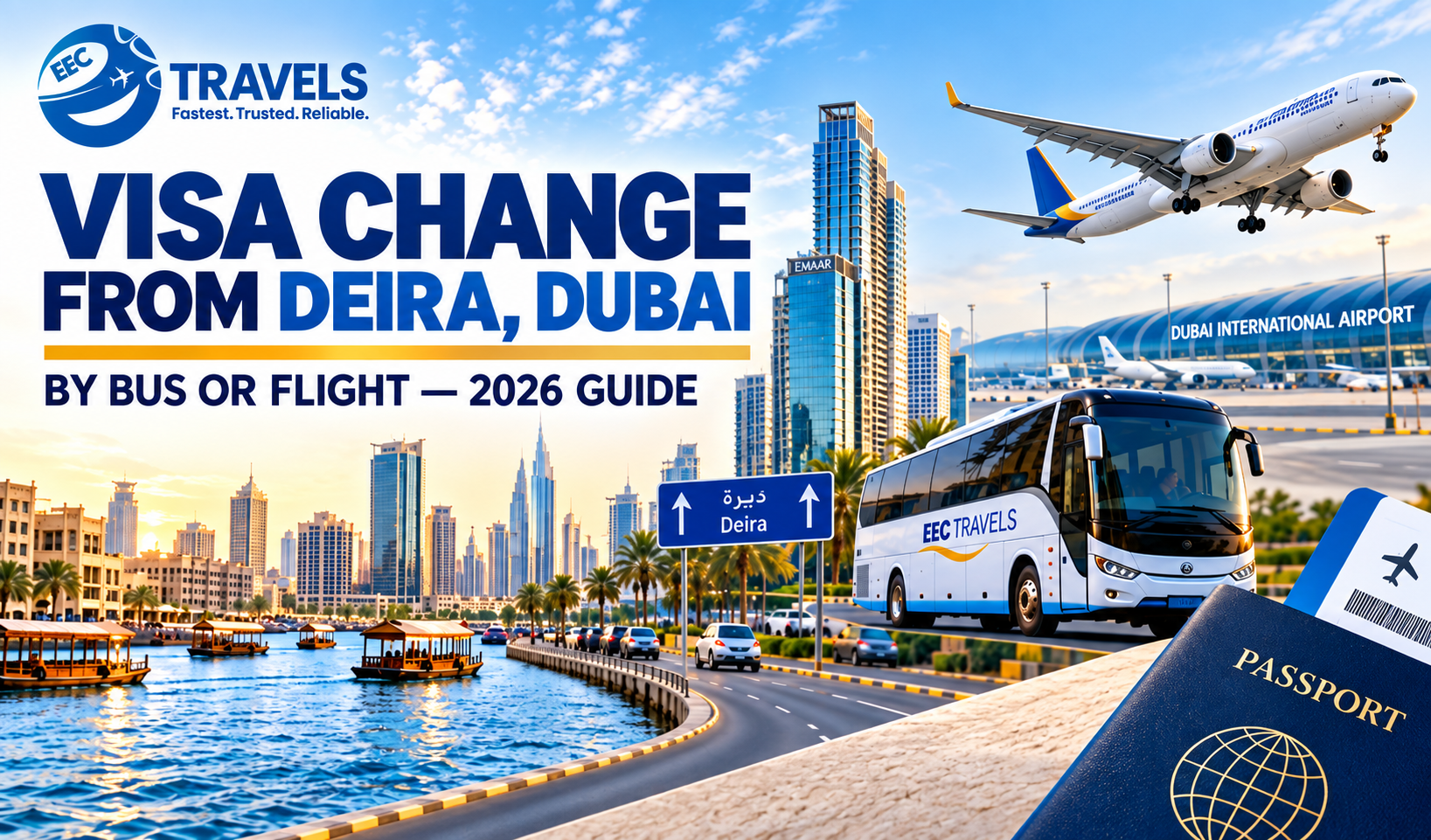 “EEC Travels guide to changing a UAE visa from Deira, Dubai, by bus or flight in 2026.”