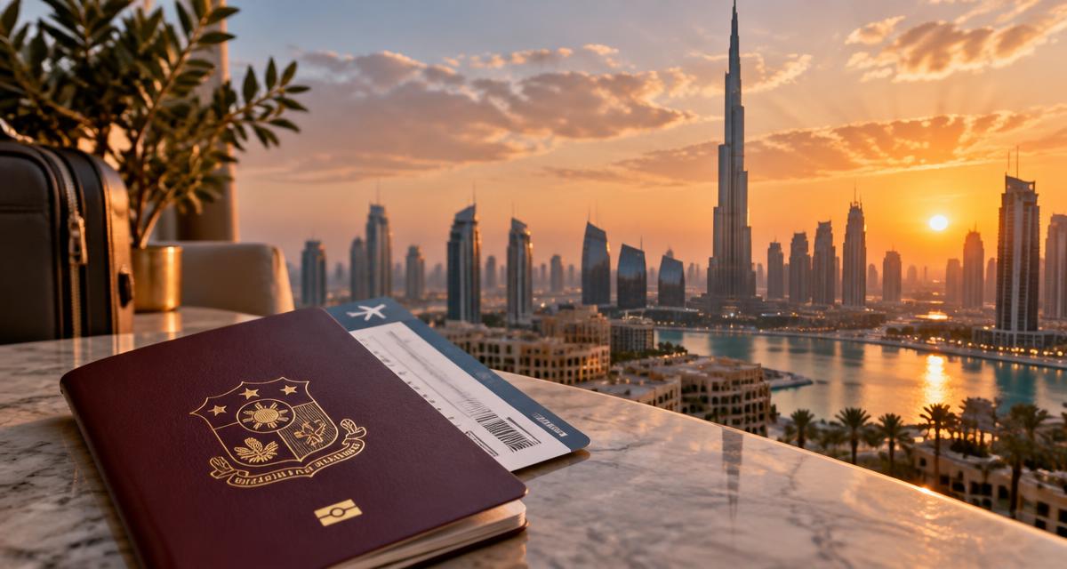 Philippine passport and boarding pass with the Dubai skyline at sunset